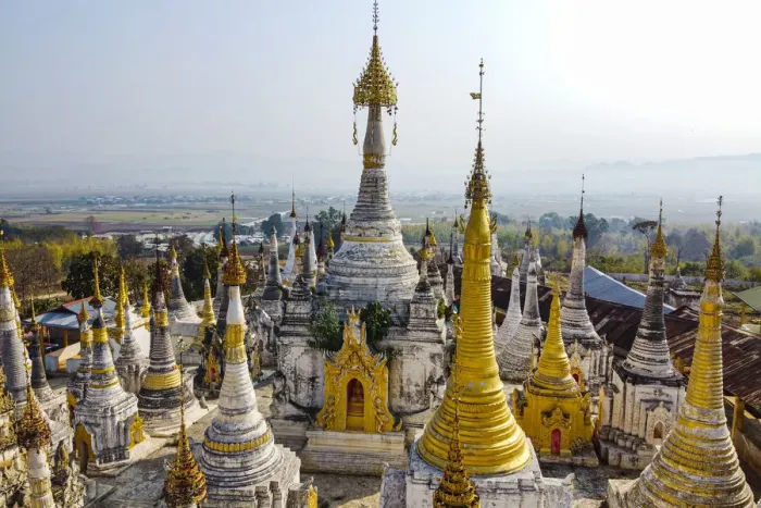 Framed Print : View by drone of pagodas, Inle Lake, Shan state, Myanmar (Burma), Asia Framed Print : View by drone of pagodas, Inle Lake, Shan state, Myanmar (Burma), Asia