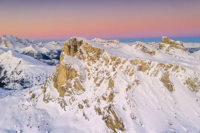 Framed Print : View by drone of pink sky at sunrise on Ra Gusela, Nuvolau, Averau Framed Print : View by drone of pink sky at sunrise on Ra Gusela, Nuvolau, Averau