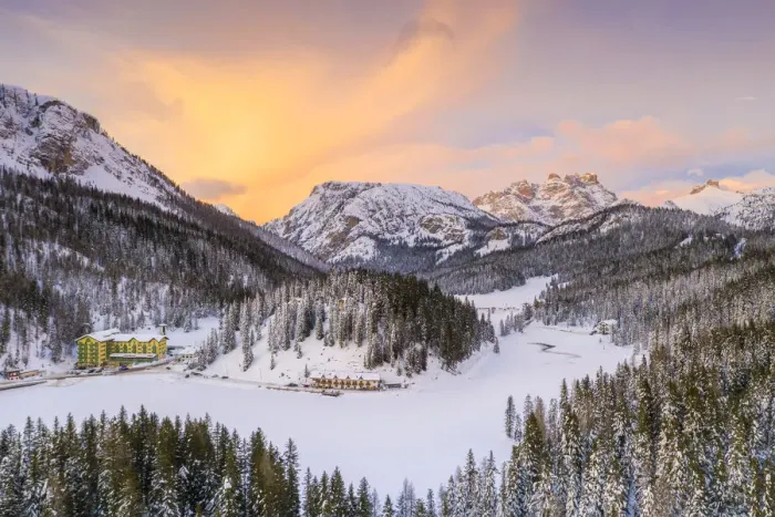 Framed Print : View by drone of sunset over Monte Piana and woods covered with snow, Misurina, Dolomites