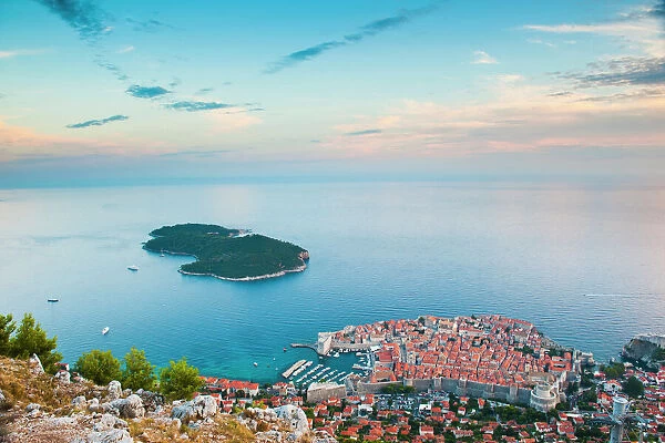 View over Dubrovnik, Lokum Island and Adriatic Sea, Dubrovnik, Dalmatian Coast, Croatia, Europe