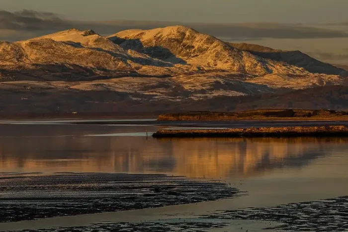 Framed Print : View across the Duddon Estuary towards the Coniston mountain range and the Lake District National Park, Furness Peninsula, Cumbria, England, United Kingdom, Europe