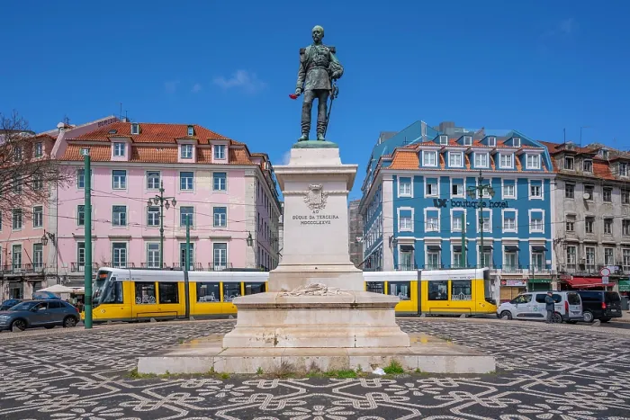 Framed Print : View of Duke of Terceira statue and a modern tram in PC Duque da Terceira on a sunny day, Lisbon, Portugal, Europe Framed Print : View of Duke of Terceira statue and a modern tram in PC Duque da Terceira on a sunny day, Lisbon, Portugal, Europe