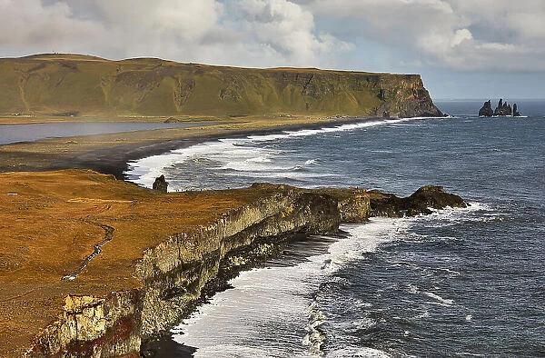 A view from Dyrholaey Island along Reynisfjara beach, towards the town of Vik, southern Iceland, Polar Regions