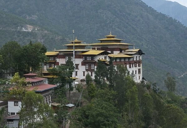 View of the Dzong in Trashigang with hills in the background, Eastern Bhutan, Bhutan, Asia