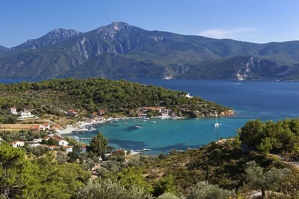 View over east coast village, Posidonio, Samos, Aegean Islands, Greece