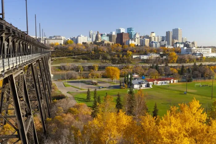 Framed Print : View of the Edmonton Skyline and the High Level Bridge in autumn, Edmonton, Alberta Framed Print : View of the Edmonton Skyline and the High Level Bridge in autumn, Edmonton, Alberta