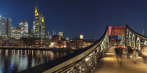 View from Eiserner Steg Bridge across Main River to the skyline of Frankfurt am Main, Hesse, Germany, Europe