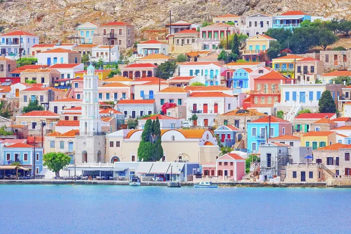 Framed Print : View of Emporio harbour and Saint Nicholas church in the distance, Emporio, Halki Island, Dodecanese Islands, Greek Islands, Greece, Europe Framed Print : View of Emporio harbour and Saint Nicholas church in the distance, Emporio, Halki Island, Dodecanese Islands, Greek Islands, Greece, Europe