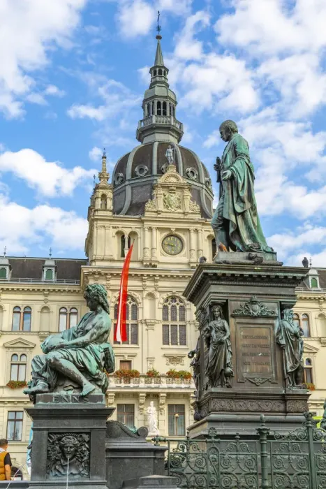 Framed Print : View of Erzherzog-Johann-Brunnen and the Rathaus visible in background, Graz, Styria Framed Print : View of Erzherzog-Johann-Brunnen and the Rathaus visible in background, Graz, Styria