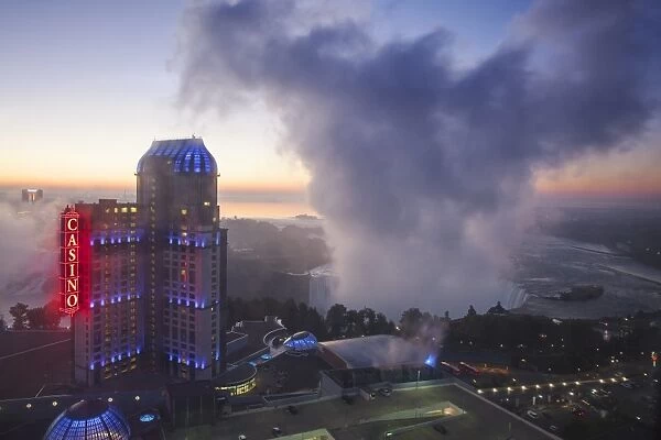 View of Fallsview Casino Resort and The American and Horseshoe Falls, Niagara Falls, Niagara, Ontario, Canada, North America