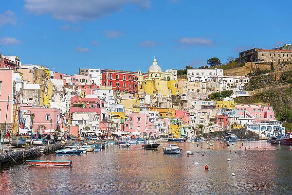 View of the famous colourful Italian fishing village of Marina Corricella, Procida island, Tyrrhenian Sea, Naples district, Naples Bay, Campania region, Italy, Europe