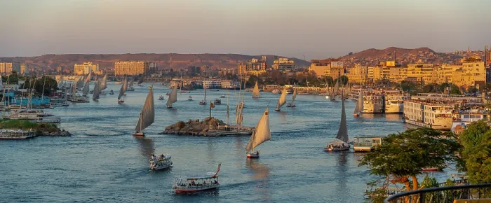 Framed Print : View of fellucas on the Nile river from Feryal Garden during golden hour, Aswan, Nubia, Egypt, North Africa, Africa Framed Print : View of fellucas on the Nile river from Feryal Garden during golden hour, Aswan, Nubia, Egypt, North Africa, Africa