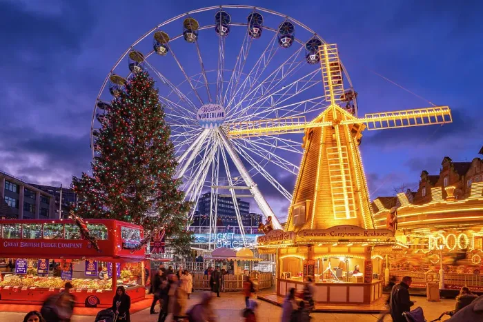 Framed Print : View of ferris wheel and Christmas Market on Old Market Square at dusk, Nottingham, Nottinghamshire, England, United Kingdom, Europe