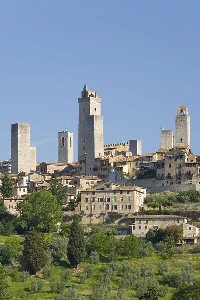 View across field to typical houses and medieval towers, San Gimignano, UNESCO World Heritage Site, Siena, Tuscany, Italy, Europe