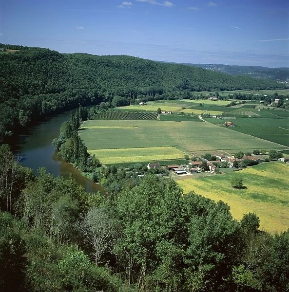 View over fields, trees and river in the Dordoge Valley, Aquitaine, France, Europe