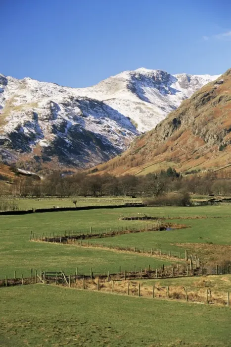 Framed Print : View across fields to valley head in winter, Great Langdale, Lake District National Park Framed Print : View across fields to valley head in winter, Great Langdale, Lake District National Park