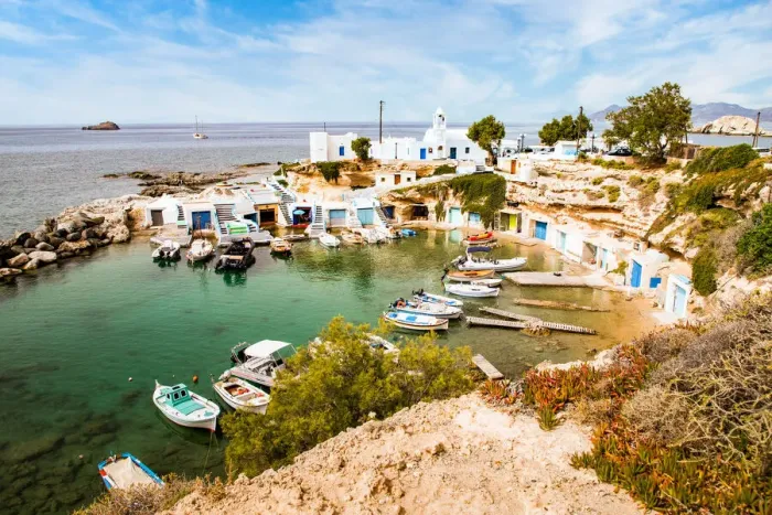 Framed Print : View over fishing harbour with boats and colourful boat houses, Mandrakia, Milos Framed Print : View over fishing harbour with boats and colourful boat houses, Mandrakia, Milos