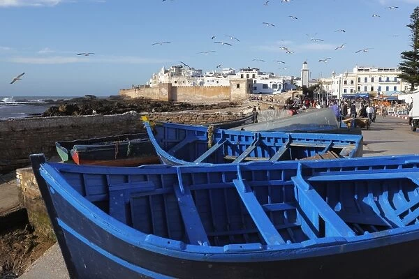 View over the fishing harbour to the ramparts and medina, Essaouira, Atlantic coast, Morocco, North Africa, Africa