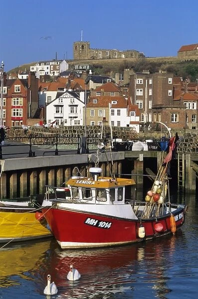 View over fishing harbour to St. Marys Church, Whitby, Yorkshire, England, United Kingdom, Europe
