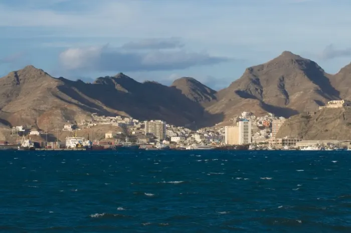 Framed Print : View over fishing port and city, San Vincente, Mindelo, Cape Verde Islands