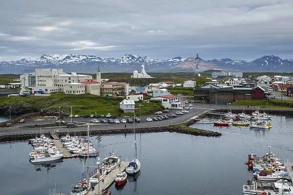 View over the fishing port and houses at Stykkisholmur, Snaefellsnes peninsula, Iceland, Polar Regions