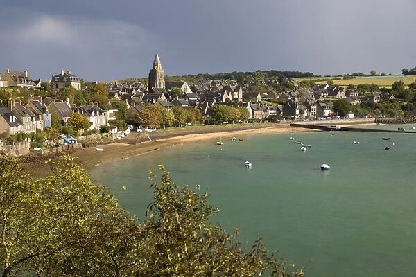 View over fishing village on River Rance, Saint-Suliac, Brittany, France, Europe