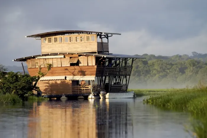 Framed Print : View of the floating lodge of the marsh, the everglade area of Kaw, French Guiana Framed Print : View of the floating lodge of the marsh, the everglade area of Kaw, French Guiana