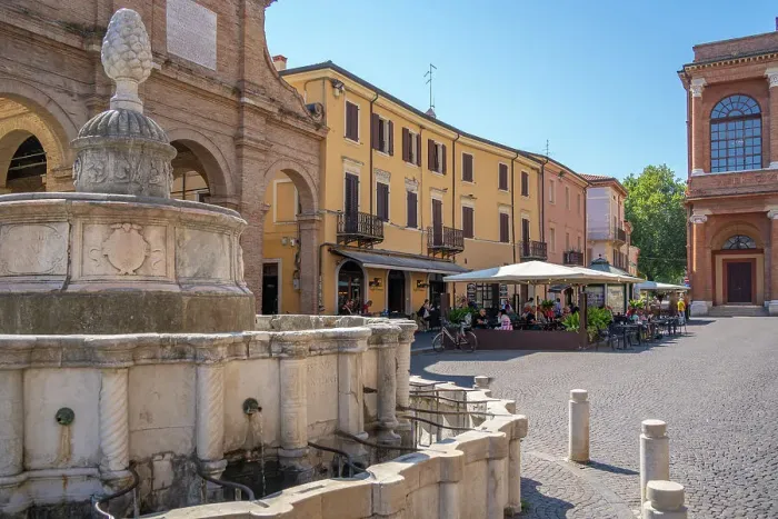 Framed Print : View of fountain and restaurant in Piazza Cavour in Rimini, Rimini, Emilia-Romagna, Italy, Europe Framed Print : View of fountain and restaurant in Piazza Cavour in Rimini, Rimini, Emilia-Romagna, Italy, Europe