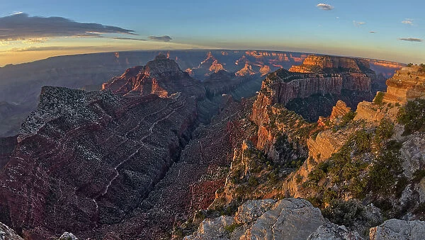 View of Freya's Castle and Vishnu Temple on the left and Wotan's Throne on the right at sunrise viewed from Cape Royal, North Rim, Grand Canyon National Park, UNESCO World Heritage Site, Arizona, United States of America, North America