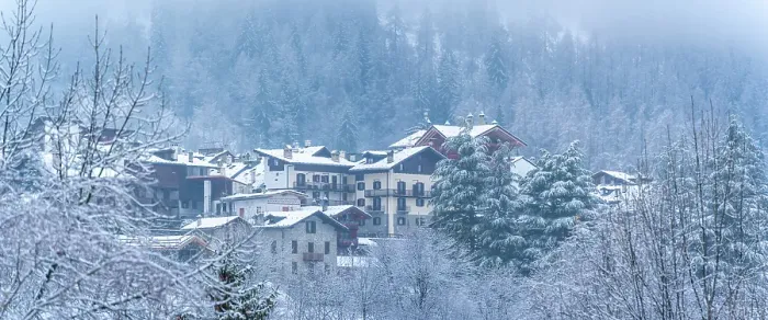 Framed Print : View of frosted trees and chalets in Dolonne during winter, Courmayeur, Aosta Valley, Italy Framed Print : View of frosted trees and chalets in Dolonne during winter, Courmayeur, Aosta Valley, Italy