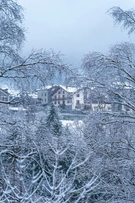 Framed Print : View of frosted trees and chalets in Dolonne during winter, Courmayeur, Aosta Valley, Italy Framed Print : View of frosted trees and chalets in Dolonne during winter, Courmayeur, Aosta Valley, Italy