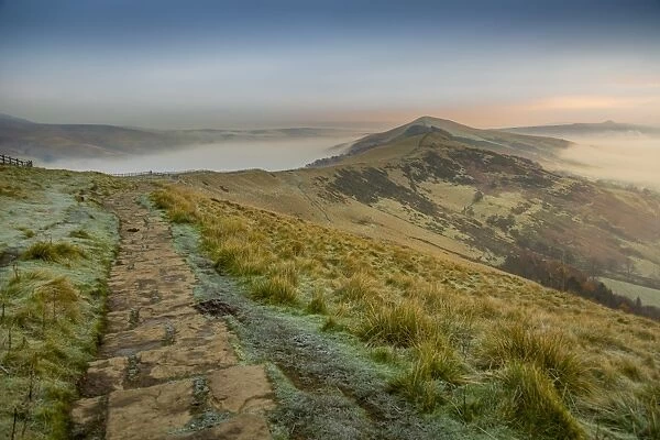 View from frosty Mam Tor of Hope Valley and Vale of Edale at sunrise, Castleton