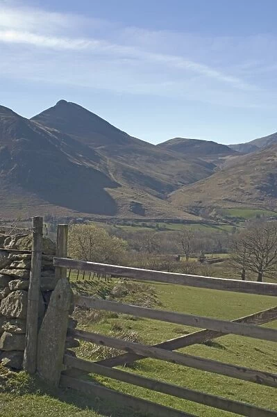 View through gateway across Newlands Valley to Causey Pike, Lake District National Park
