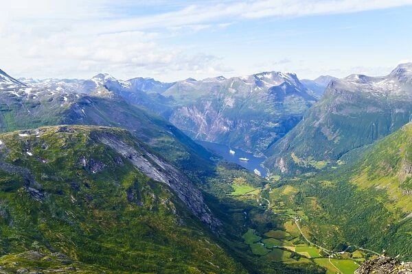 View of Geiranger and Geirangerfjord, UNESCO World Heritage Site, from the summit