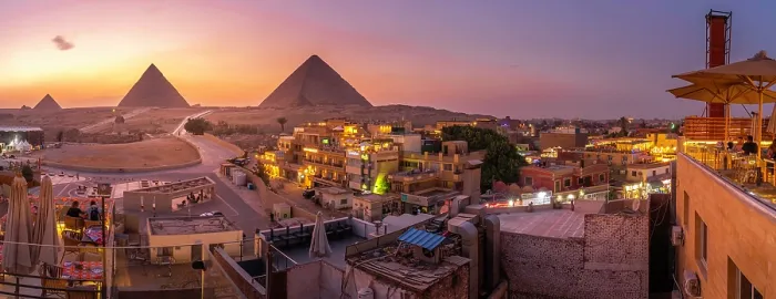 Framed Print : View of Giza Pyramids from rooftop terrace at dusk, Cairo, Egypt, Africa Framed Print : View of Giza Pyramids from rooftop terrace at dusk, Cairo, Egypt, Africa