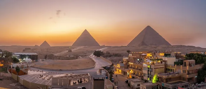 Framed Print : View of Giza Pyramids from rooftop terrace at dusk, Cairo, Egypt, Africa Framed Print : View of Giza Pyramids from rooftop terrace at dusk, Cairo, Egypt, Africa