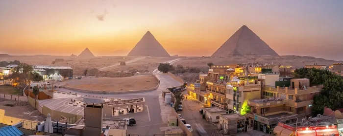 Framed Print : View of Giza Pyramids from rooftop terrace at dusk, Cairo, Egypt, Africa Framed Print : View of Giza Pyramids from rooftop terrace at dusk, Cairo, Egypt, Africa