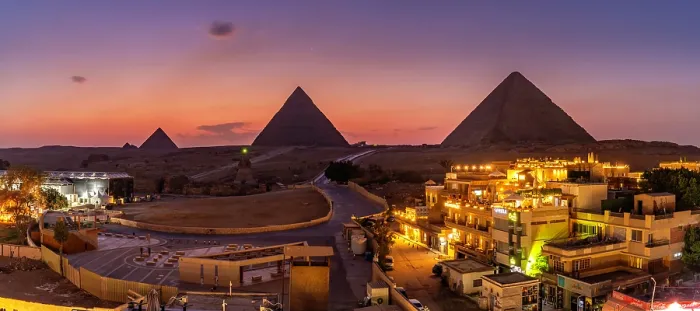Framed Print : View of Giza Pyramids from rooftop terrace at dusk, Cairo, Egypt, Africa Framed Print : View of Giza Pyramids from rooftop terrace at dusk, Cairo, Egypt, Africa