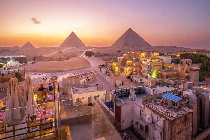 Framed Print : View of Giza Pyramids from rooftop terrace at dusk, Cairo, Egypt, Africa Framed Print : View of Giza Pyramids from rooftop terrace at dusk, Cairo, Egypt, Africa