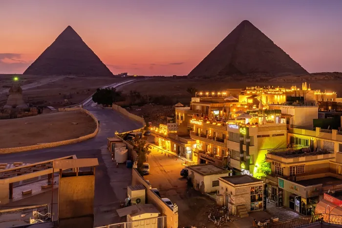 Framed Print : View of Giza Pyramids from rooftop terrace at dusk, Cairo, Egypt, Africa Framed Print : View of Giza Pyramids from rooftop terrace at dusk, Cairo, Egypt, Africa