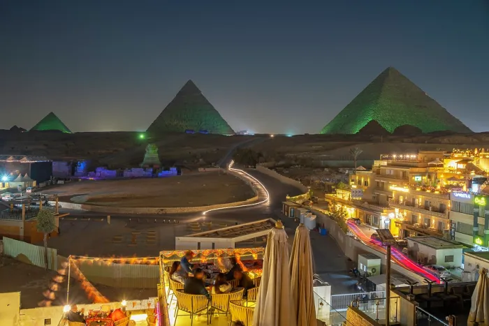Framed Print : View of Giza Pyramids from rooftop terrace during light show, Cairo, Egypt, Africa Framed Print : View of Giza Pyramids from rooftop terrace during light show, Cairo, Egypt, Africa