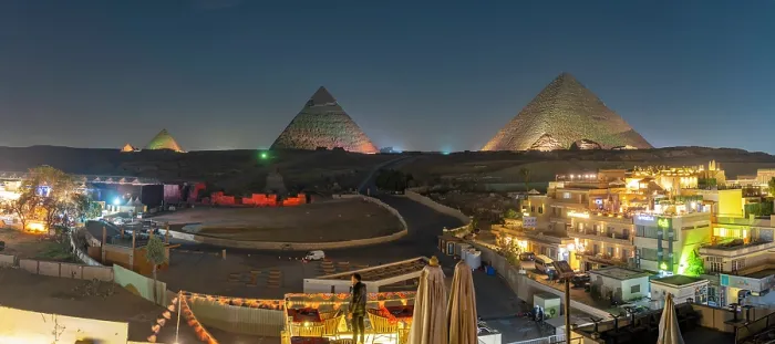 Framed Print : View of Giza Pyramids from rooftop terrace during light show, Cairo, Egypt, Africa Framed Print : View of Giza Pyramids from rooftop terrace during light show, Cairo, Egypt, Africa