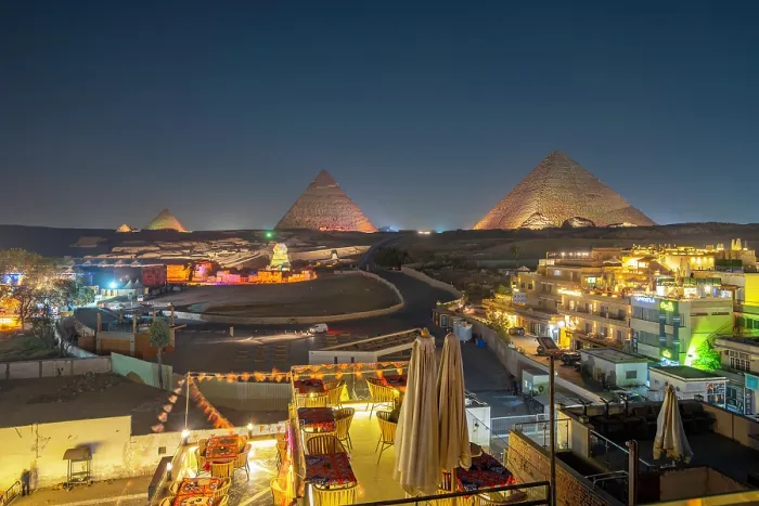 Framed Print : View of Giza Pyramids from rooftop terrace during light show, Cairo, Egypt, Africa Framed Print : View of Giza Pyramids from rooftop terrace during light show, Cairo, Egypt, Africa