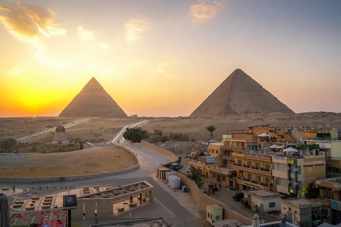 Framed Print : View of Giza Pyramids from rooftop terrace at sunset, Cairo, Egypt, Africa Framed Print : View of Giza Pyramids from rooftop terrace at sunset, Cairo, Egypt, Africa