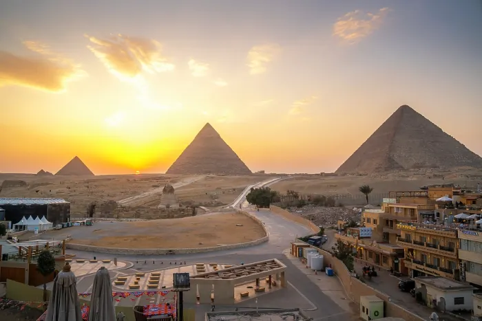 Framed Print : View of Giza Pyramids from rooftop terrace at sunset, Cairo, Egypt, Africa Framed Print : View of Giza Pyramids from rooftop terrace at sunset, Cairo, Egypt, Africa