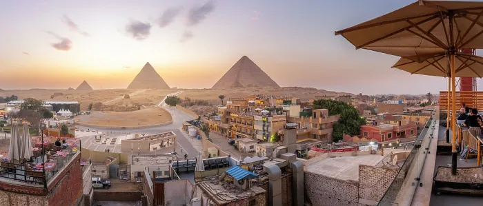 Framed Print : View of Giza Pyramids from rooftop terrace at sunset, Cairo, Egypt, Africa Framed Print : View of Giza Pyramids from rooftop terrace at sunset, Cairo, Egypt, Africa