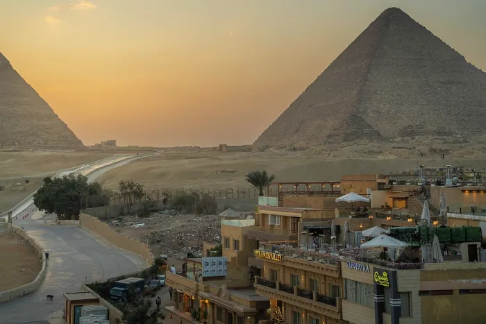 Framed Print : View of Giza Pyramids from rooftop terrace at sunset, Cairo, Egypt, Africa Framed Print : View of Giza Pyramids from rooftop terrace at sunset, Cairo, Egypt, Africa