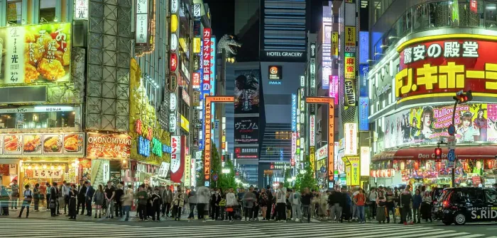 Framed Print : View of Godzilla's head and Kabukicho neon lit street at night, Shinjuku City, Kabukicho, Tokyo, Honshu, Japan