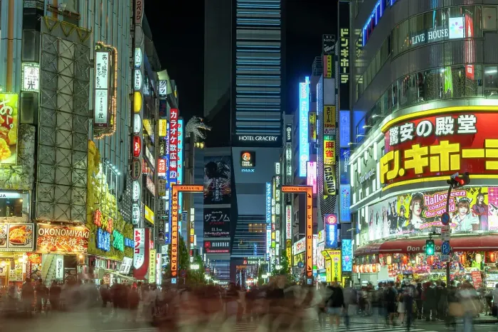 Framed Print : View of Godzilla's head and Kabukicho neon lit street at night, Shinjuku City, Kabukicho, Tokyo, Honshu, Japan Framed Print : View of Godzilla's head and Kabukicho neon lit street at night, Shinjuku City, Kabukicho, Tokyo, Honshu, Japan