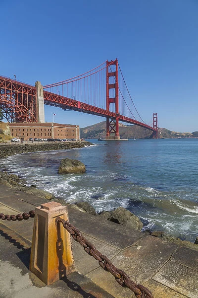 View of Golden Gate Bridge and Fort Point from Marine Drive, San Francisco, California